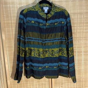 Vintage Jewel Toned Artistic print Rayon zip front Shirt Jacket XL